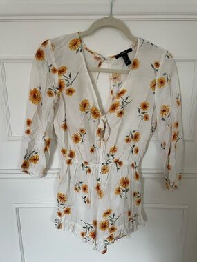Cute Floral White Romper with Yellow Sunflower Print